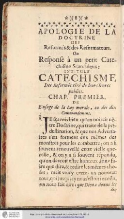 APOLOGIE DE LA DOCTRINE DES Reformès & des Reformateurs.