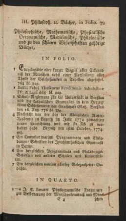 Philosophische, Mathematische, Physicalische Oeconomische, Medicinische, Philologische und zu den schönen Wißenschaften gehörige Bücher,