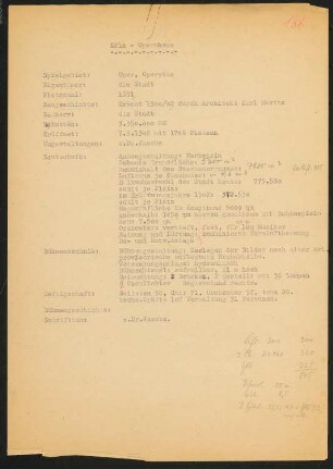 Opernhaus, Köln: Schriftstück zum Fragebogen für das Handbuch »Das Deutsche Theater«