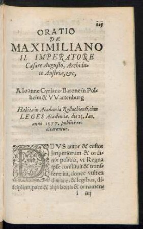 Oratio De Maximiliano II. Imperatore Caesare Augusto, Archiduce Austriae, etc, ...