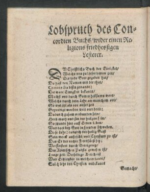 Lobspruch des Concordien Buchs/ wider einen Religions friedhessigen Lesterer