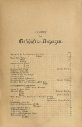 Verzeichniß der Geschäfts-Anzeigen