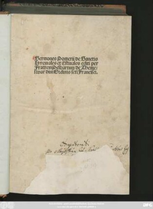 Sermones Pomerii de Sanctis || Hyemales et Estiuales editi per || Fratrem Pelbartum de Theme/||swar diui Ordinis scti Francisci.||