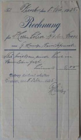 Rechnung für die Beisetzung von Gustav Adolph Wehner