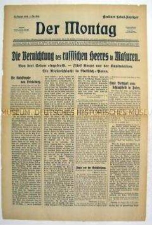 Titelblatt der Montagsausgabe des "Berliner Lokal-Anzeiger" zum Schlacht in den Masuren