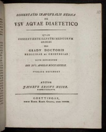 Dissertatio Inauguralis Medica De Usu Aquae Diaetetico