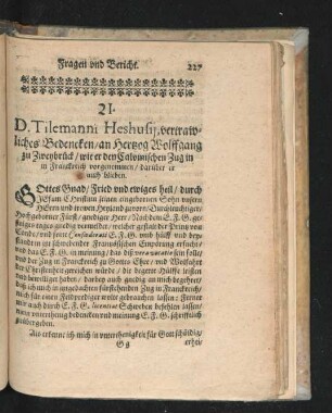 21. D. Tilemanni Heshusii vertrawliches Bedencken/ an Hertzog Wolffgang zu Zweybrück ...