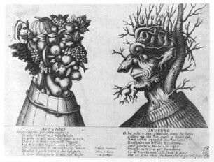 Die Jahreszeiten "Autunno" und "Inverno" : Arcimboldo, Giuseppe (1530-1593). Die Jahreszeiten "Autunno" und "Inverno". Kupferstich; 16,8 x 22,1 cm. Dresden: Kupferstich-Kabinett A 108774 in A 1012/2