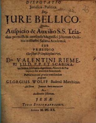 Diss. iur. pol. de iure bellico