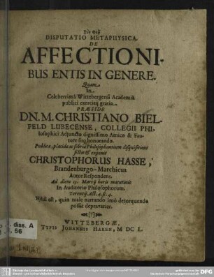 Disputatio metaphysica de affectionibus entis in genere
