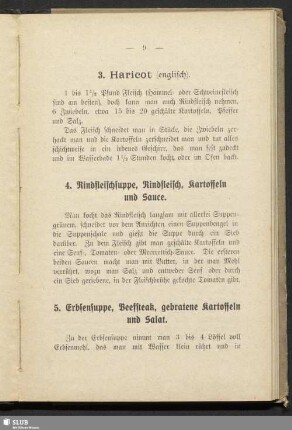 5. Erbsensuppe, Beefsteak, gebratene Kartoffeln und Salat