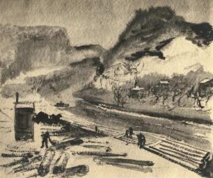 Holzflösser an der Elbe : Holzflösser an der Elbe. Aquarell (1927; P. Cassel)