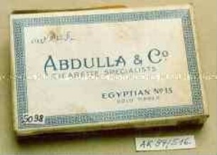 Pappschachtel für 25 Stück "ABDULLA UND Co. CIGARETTE SPECILISTS EGYPTIAN No. 15 GOLD TIPPED"