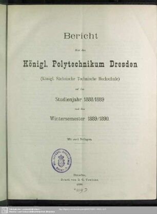 1888/1890: Bericht über das Königl. Polytechnikum Dresden