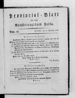 Num. 52, Ausgabe vom 30. Dezember 1818