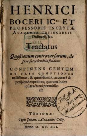 Tractatus quaestionum controversarum de jure succedendi in Feudum