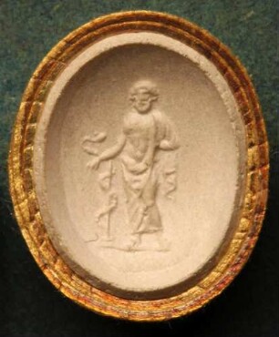 Äskulap (Asklepios), bekleidet, hält seinen Stab (Daktyliothek, Supplement)