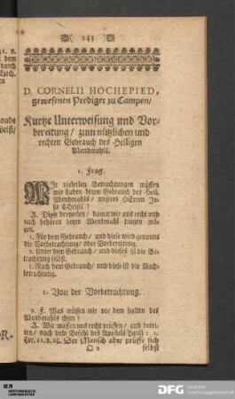 Kurtze Unterweisung und Vorbereitung zum nützlichen und rechten Gebrauch des Heiligen Abendmahls.