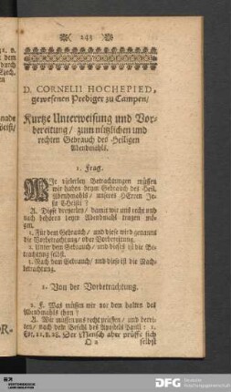 Kurtze Unterweisung und Vorbereitung zum nützlichen und rechten Gebrauch des Heiligen Abendmahls.