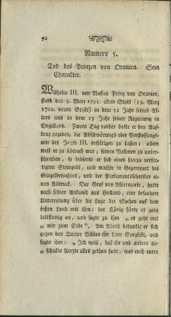 Numero 5. Tod des Prinzen von Oranien. Sein Charakter.