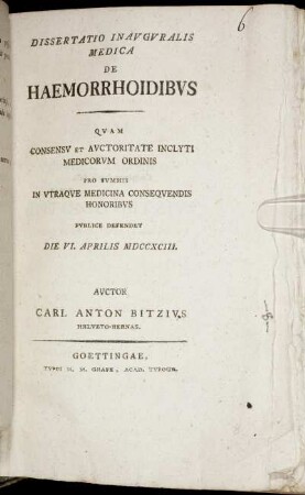 Dissertatio Inauguralis Medica De Haemorrhoidibus : Die VI. Aprilis MDCCCXIII.