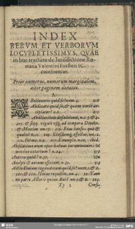 Index Rerum Et Verborum Locupletissimus, Quae in hoc tractatu de Iurisdictione Romana Valentini Forsteri IC. continentur