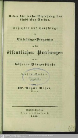 1842/43: Einladungs-Programm zu den öffentlichen Prüfungen an der Höheren Bürgerschule zu Neustadt-Dresden
