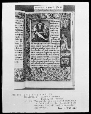 Lateinisches Stundenbuch (Livre d'heures) — Textseite mit zwei Miniaturen, Folio 14recto