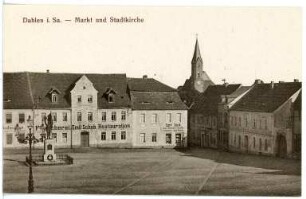 Dahlen. Blick über den Markt mit Siegesdenkmal von 1870/1871 zur Stadtkirche Unserer Lieben Frauen