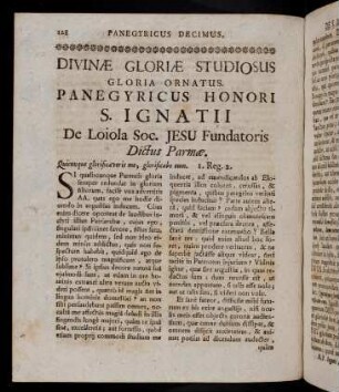 128-143, 10. Panegyricus honori S. Ignatii de Lojola Soc. Jesu Fundatoris dictus Parmae.