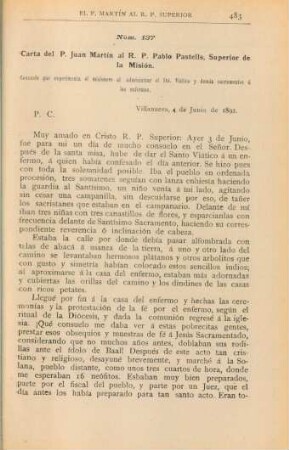 Núm. 137. Carta del P. Juan Martín al R. P. Pablo Pastells, Superior de la Misión