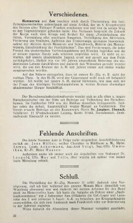22 Verschiedenes. Fehlende Anschriften Schluss.