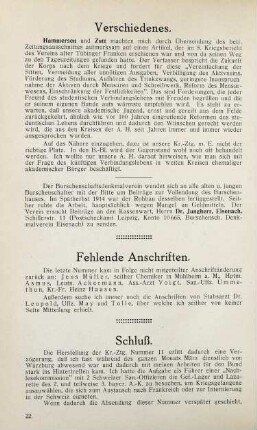 22 Verschiedenes. Fehlende Anschriften Schluss.