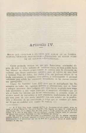 Artículo IV. Males que conjurar y peligros que alejar en la iglesia filipina. - ...