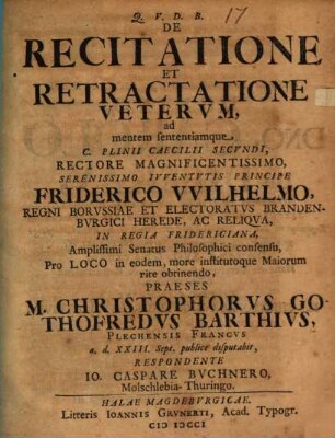 De recitatione et retractatione veterum ad mentem sententiamque C. Plinii Caecilii Secundi disputatio