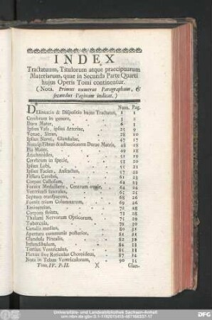 Index Tractatuum, Titulorum atque praecipuarum Materiarum, quae in Secunda Parte Quarti huius Operis Tomi continentur.