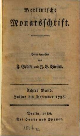Berlinische Monatsschrift. 8, 8. 1786