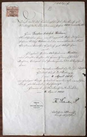 Heiratsbescheinigung von Gustav Adolph und Pauline Wilhelmine Wehner