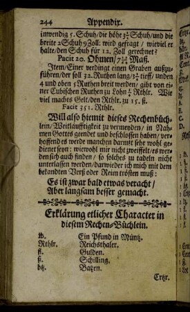 Erklärung etlicher Character in diesem Rechen-Büchlein