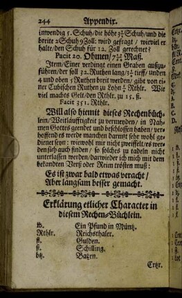 Erklärung etlicher Character in diesem Rechen-Büchlein