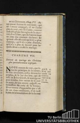 Chapitre VII. Sainteté du mariage des Chrétiens plus particulierement expliquée.