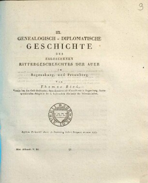 Genealogisch-diplomatische Geschichte des erloschenen Rittergeschlechtes der Auer in Regensburg und Prennberg