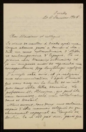 3: Brief von Rafael Altamira y Crevea an Otto von Gierke, Oviedo, 6.1.1908