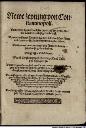 Newe Zeitung von Constantinopoli ... von eynem Comet