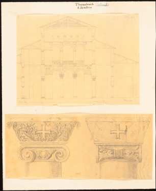 S. Demetrios, Thessaloniki: Durchzeichnung: Querschnitt, Maßstabsleiste, Vorderansicht und Seitenansicht eines Säulenkapitells mit Kreuz (vermutlich nach Charles Texier und Richard P. Pullan, XVIII und XIX)