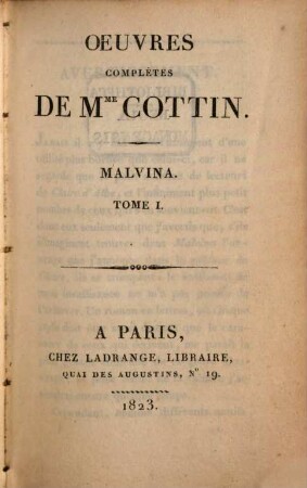 Oeuvres complètes de Mme Cottin, 4. Malvina; 1