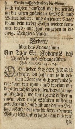 Gebett/ über das Evangelium Am Tage St. Johannis deß Apostels und Evangelisten/ ...