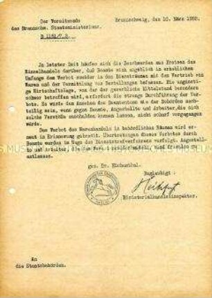 Innerbehördliches Schreiben des Vorsitzenden des Braunschweigischen Staatsministeriums zur Bekräftigung des Verbotes des Warenhandels in behördlichen Räumen