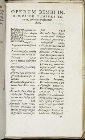 Operum Bembi Index. Prior Numerus Tomum, posterior paginam indicat.