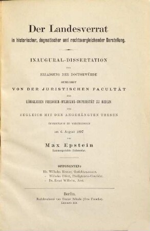 Der Landesverrat in historischer, dogmatischer und rechtsvergleichender Darstellung